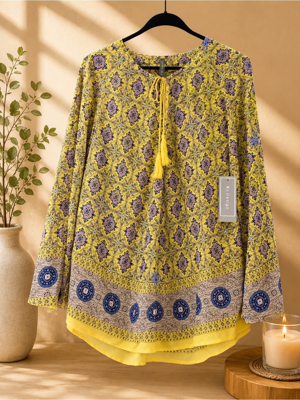 Yellow Printed Boho Tunic with Tassel Tie